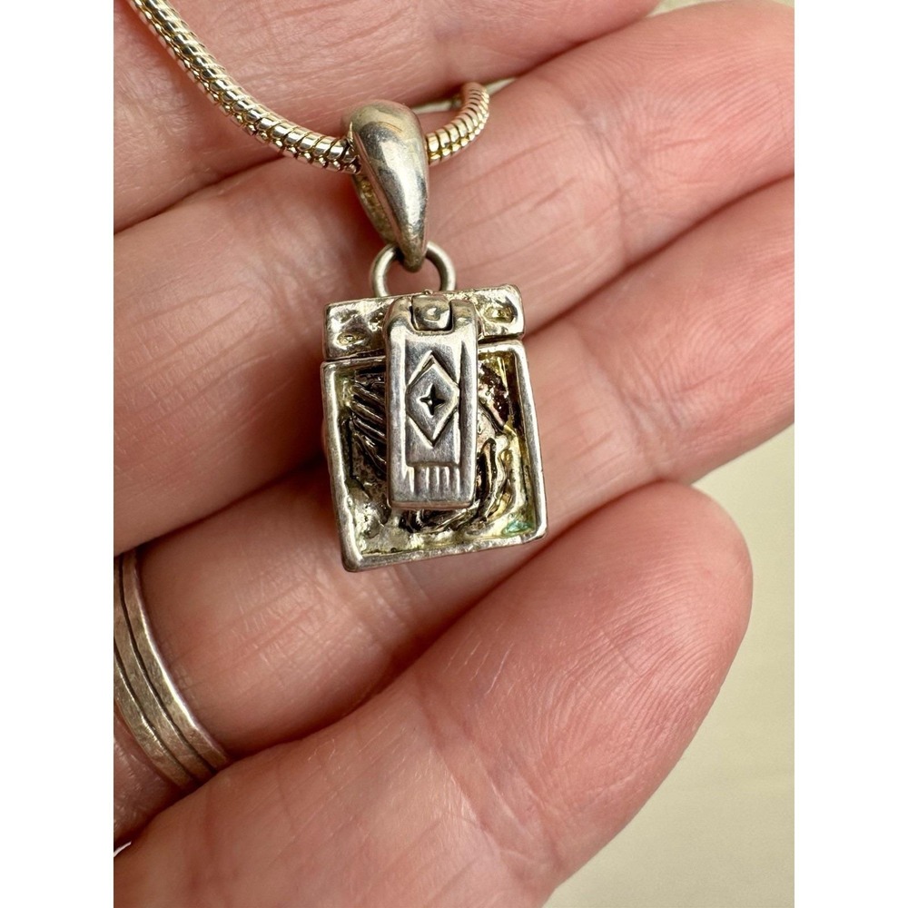 Vintage Silver Plate Prayer Box Locket Pendant & 24" Sterling Chain Necklace